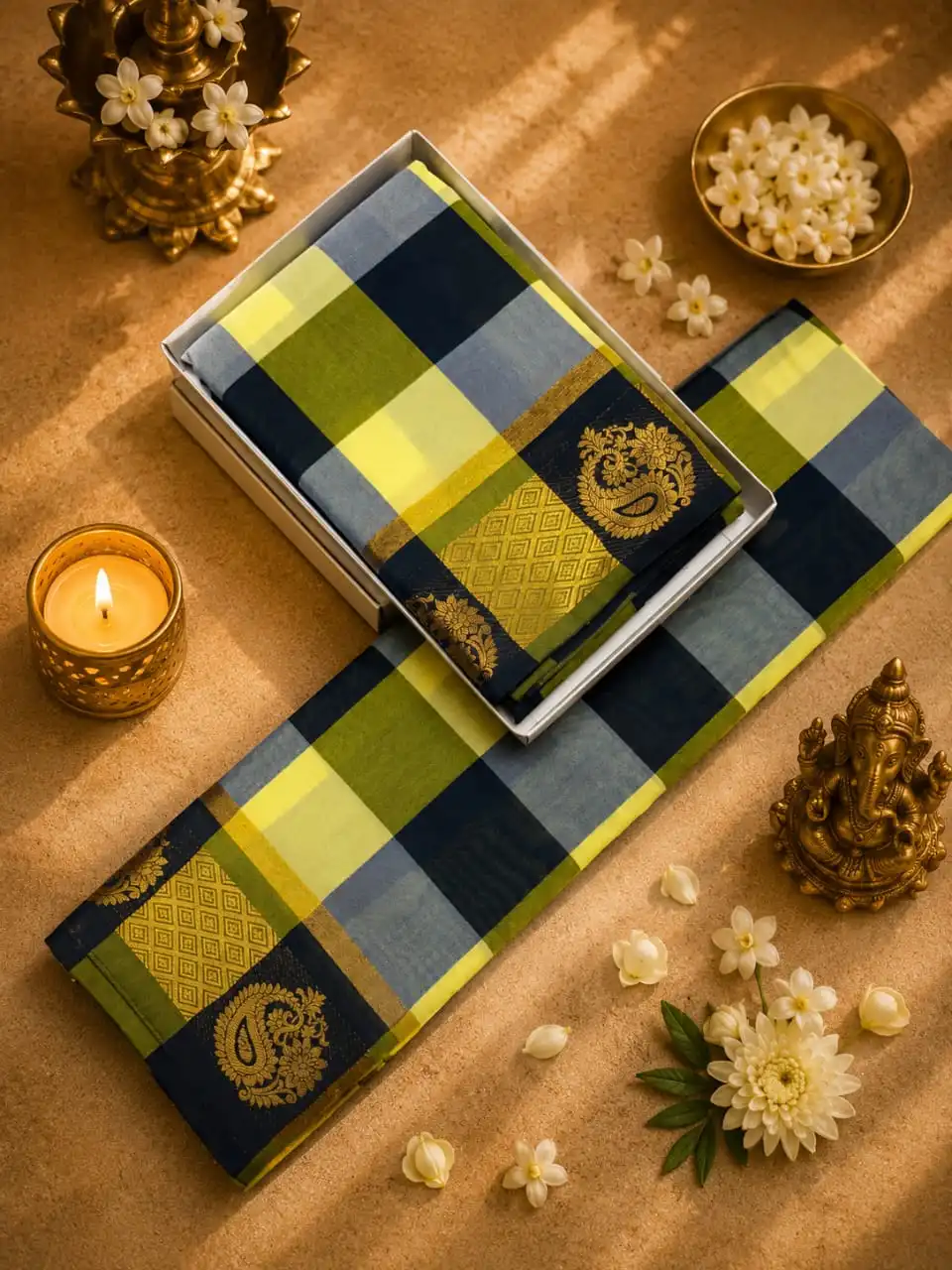 Paisley & Geometric Brocade Border Check Saree